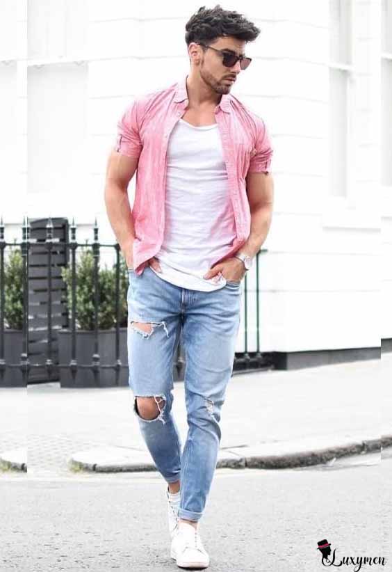 light blue jeans outfit men summer